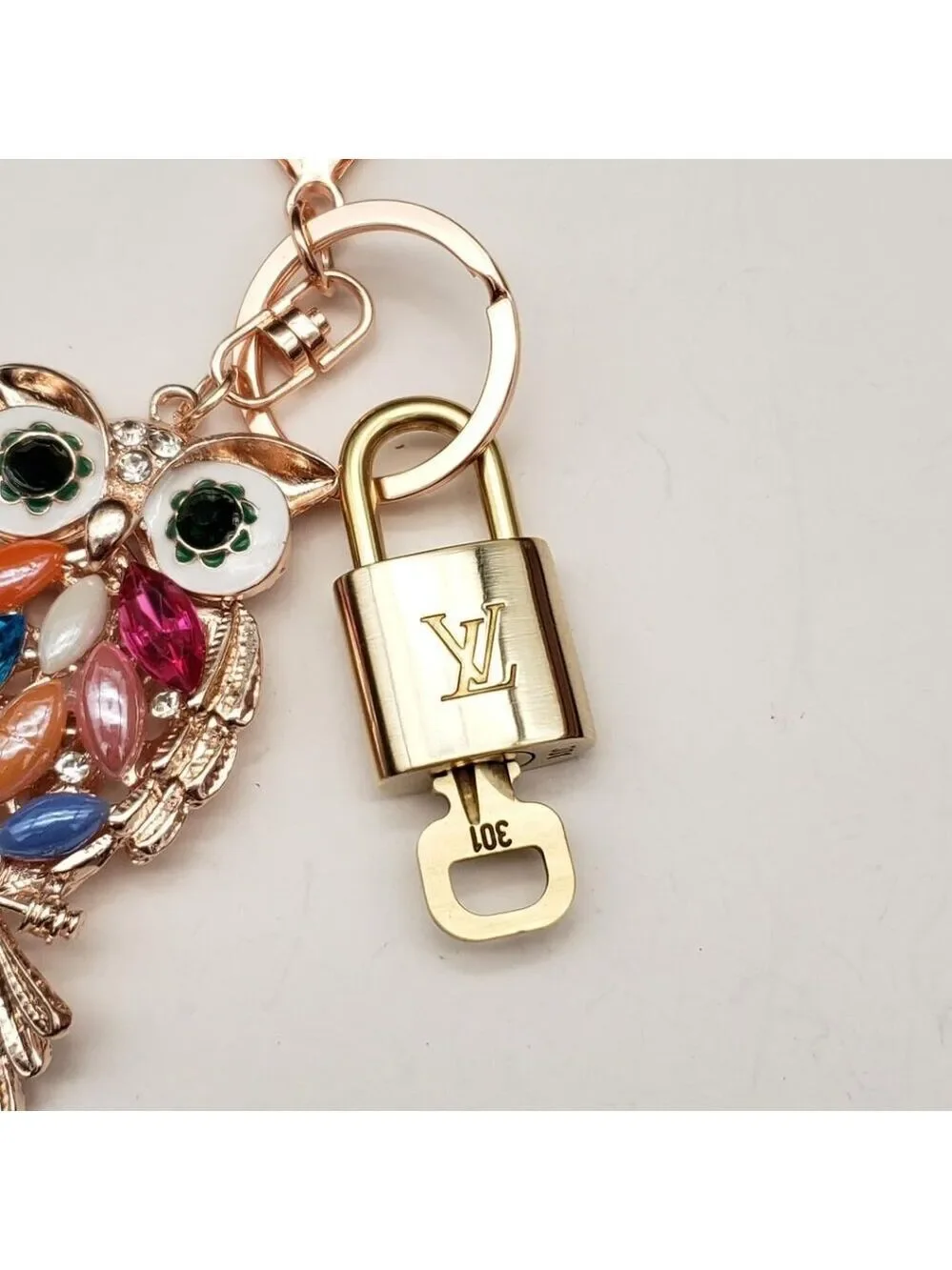 LV Authentic Gold Lock & Key 🔑 Luxury Bag Charm w/ Unbranded Owl Keychain